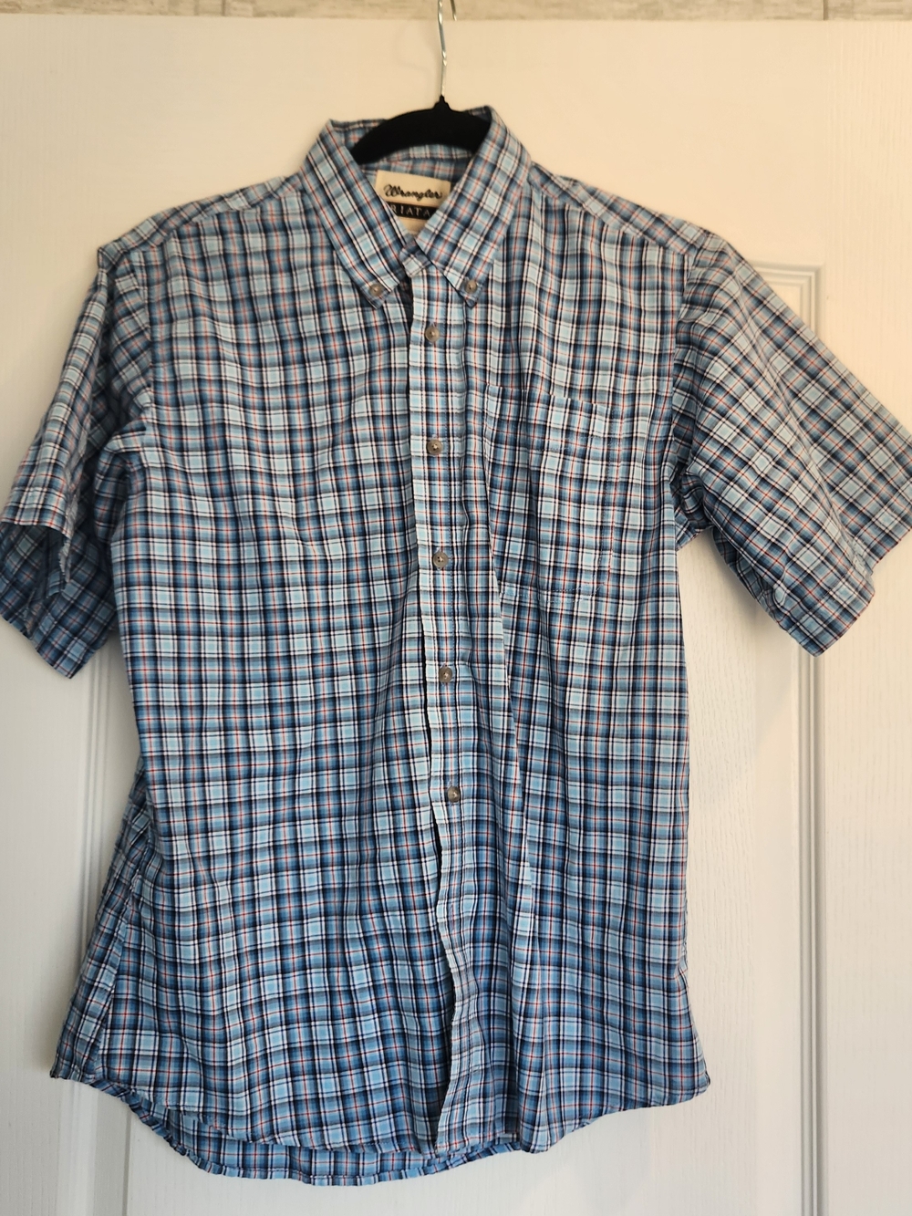 Wrangler Riata Light Blue Plaid Short-Sleeve Button-Down Shirt XL Euc